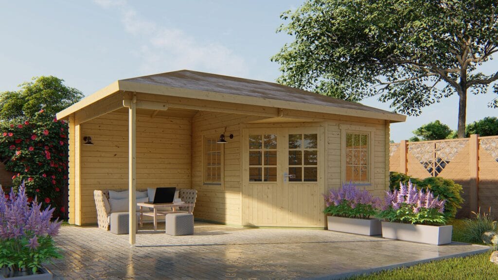 Deze charmante blokhut met klassiek schilddak is uitgevoerd in duurzaam geïmpregneerd vurenhout in een warme honinggele kleur. De combinatie van een royale binnenruimte en een sfeervolle overkapping aan de voorzijde maakt dit model perfect als tuinkantoor, gastenverblijf of ontspanningsruimte. Belangrijkste kenmerken: Totale afmetingen: 310 x 350 cm Fundering: 555 x 330 cm (inclusief overkapping) Wanddikte: 28 mm Daktype: Schilddak (dakbedekking optioneel) Dakoppervlakte: 30,5 m² Nokhoogte: 305 cm Opbouwvariant: Kan gespiegeld worden opgebouwd Indeling & Gebruik: Binnenruimte: 9,6 m² Overkapping voorzijde: 8,7 m² Totale oppervlakte: 18,3 m² Inhoud: 24 m³ Aantal ruimtes: 1 Materialen & Afwerking: Materiaal: Vurenhout, gedroogd en geïmpregneerd in honinggeel Afwerking: Geschaafd Deurtype: Dubbele deur, rechts scharnierend Glas: Enkel glas (4 mm) Aantal te openen ramen: 2 Roedes: Vaste roedes Cilinderslot inbegrepen Niet geschikt voor dakpannen 👉 Voor een volledige offerte kun je een afspraak maken of langskomen bij Blokhut.nl in Klazienaveen.