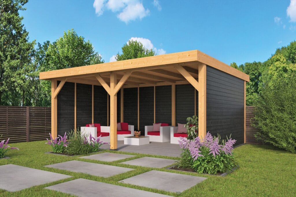 Geef je tuin een stijlvolle upgrade met deze robuuste Douglas overkapping in zwart geïmpregneerde uitvoering. Met een afmeting van 600 x 400 cm en een strak plat dak is dit model ideaal als luxe loungeplek of als overdekte buitenkeuken. De combinatie van fijn bezaagd hout en Zweeds rabat wanden zorgt voor een moderne, warme uitstraling. Dankzij de stevige staanders van 15 x 15 cm en de doordachte constructie is dit buitenverblijf ook geschikt voor de handige doe-het-zelver. De set wordt geleverd inclusief bouwtekening en bevestigingsmaterialen. Afmetingen: Fundering: 600 x 300 cm Breedte x Lengte: 400 x 600 cm Doorloophoogte: 235 cm Nokhoogte: 262 cm Dakoppervlakte: 24 m² Kleur: Zwart geïmpregneerd Materiaal: Douglas hout Dakbedekking: Optioneel (niet inbegrepen) Interesse in dit model? Vraag vrijblijvend een complete offerte aan en laat je verrassen door de mogelijkheden!