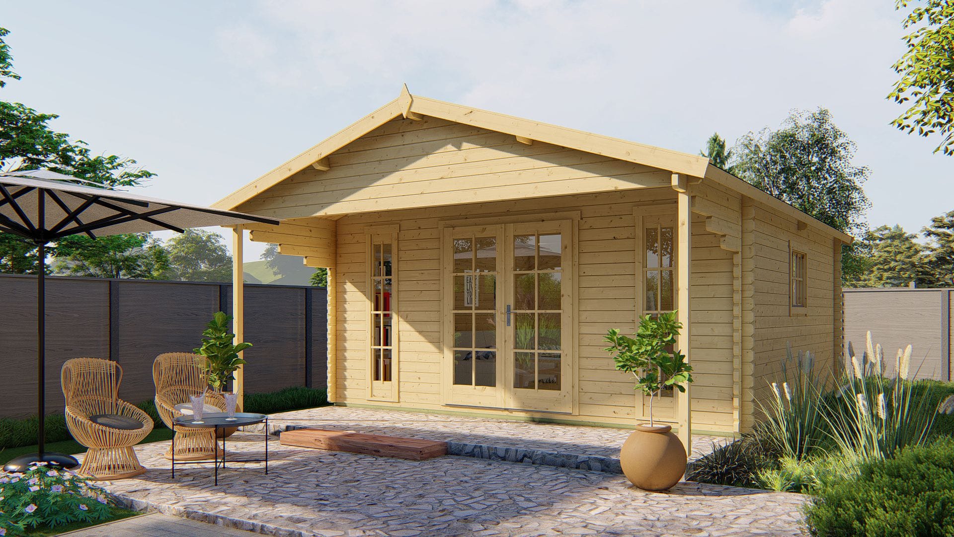 Blokhut - Tuinhuis Emiel | 44 mm | vuren onbehandeld Blokhut - Tuinhuis Emiel | 44 mm | vuren onbehandeld