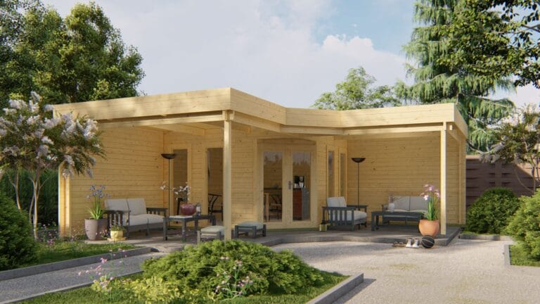 Deze robuuste blokhut met royale overkapping aan de voorzijde is een stijlvolle en praktische aanvulling voor iedere tuin of recreatieplek. Dankzij de 44 mm dikke wanden, het isolatieglas (3-6-3 mm) en het platte dak is deze blokhut perfect geschikt voor gebruik in meerdere seizoenen. Ideaal als tuinkantoor, hobbyruimte of als luxe buitenverblijf. Kenmerken & Constructie: Afmetingen blokhut: 380 x 380 cm Totaal met overkapping (fundering): 658 x 658 cm Wanddikte: 44 mm – uitstekende isolatie en stabiliteit Nokhoogte: 229 cm Totale oppervlakte: 33,3 m² Inhoud: 29,5 m³ Overkapping aan de voorkant: 21,5 m² Dakoppervlakte: 40,4 m² Indeling: Binnenruimte: 11,8 m² vloeroppervlak Aantal ruimtes: 1 Materialen & Details: Materiaal: Onbehandeld, geschaafd en gedroogd vurenhout Daktype: Plat dak (dakbedekking optioneel) Deurtype: Dubbele deur, rechts scharnierend Glas: Hoogwaardig isolatieglas (3-6-3 mm) Aantal ramen: 4 te openen ramen Afmeting hoekverbinding: 10 cm Cilinderslot inbegrepen Extra eigenschappen: Niet geschikt voor dakpannen Perfecte combinatie van binnenruimte en buitenleven Ruime overkapping ideaal voor loungehoek, buitenkeuken of jacuzzi Deze blokhut is een echte blikvanger met hoogwaardige afwerking en een slimme indeling, ontworpen voor jarenlang plezier. 👉 Voor een volledige offerte kun je een afspraak maken of langskomen bij Blokhut.nl in Klazienaveen.