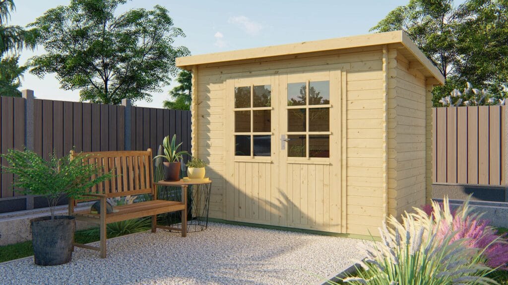 Deze compacte houten blokhut met lessenaarsdak is ideaal voor wie een nette en functionele opberg- of werkruimte in de tuin zoekt. Het geschaafde en gedroogde vurenhout biedt een strakke afwerking, terwijl de vaste roedes en dubbele deuren met enkel glas voor lichtinval en een uitnodigende uitstraling zorgen. Dankzij het slimme formaat past deze blokhut zelfs in kleinere tuinen. Kenmerken & Constructie: Afmetingen blokhut: Lengte 290 cm x Breedte 200 cm Wanddikte: 28 mm – solide en duurzaam Nokhoogte: 217 cm Totale oppervlakte: 4,61 m² Inhoud: 9,6 m³ Daktype: Lessenaarsdak (dakbedekking optioneel bij te bestellen) Dakoppervlakte: 6,8 m² Indeling: Binnenruimte: 4,61 m² vloeroppervlak Aantal ruimtes: 1 Materialen & Details: Materiaal: Onbehandeld, geschaafd en gedroogd vurenhout Deurtype: Dubbele deur, rechts scharnierend Glas: Enkel glas van 3 mm met vaste roedes Fundering: 270 x 180 cm Afmeting hoekverbinding: 10 cm Cilinderslot inbegrepen Extra eigenschappen: Niet geschikt voor dakpannen Compact en stijlvol – ideaal als berging of werkhoek Een praktische en stijlvolle blokhut voor wie op zoek is naar een efficiënte oplossing met een strakke uitstraling. 👉 Voor een volledige offerte kun je een afspraak maken of langskomen bij Blokhut.nl in Klazienaveen.