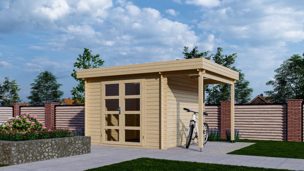 Blokhut 331M Interflex met overkapping 410x300x230cm Wanddikte 28 mm