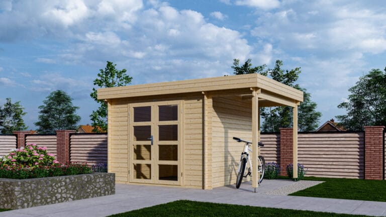 Blokhut 331M Interflex met overkapping 410x300x230cm Wanddikte 28 mm