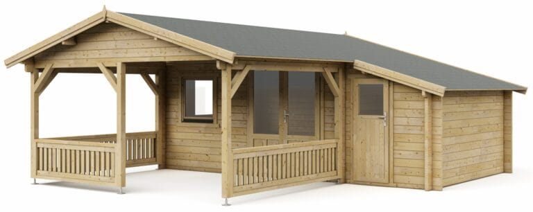 Blokhut 4x3+3Z Interflex 595x645x265cm met Veranda 300 cm + Zijaanbouw 150 cm Wanddikte 50 mm