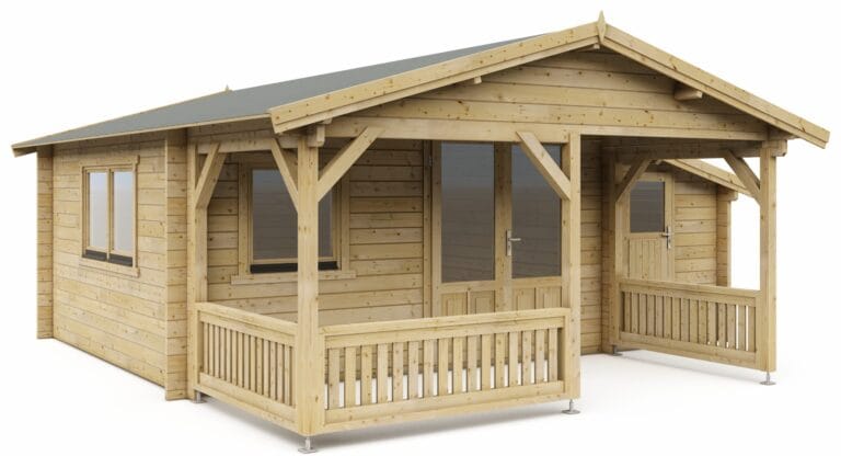 Blokhut 4x4+2Z Interflex 595x645x265cm met Veranda 200 cm + Zijaanbouw 150 cm Wanddikte 50 mm