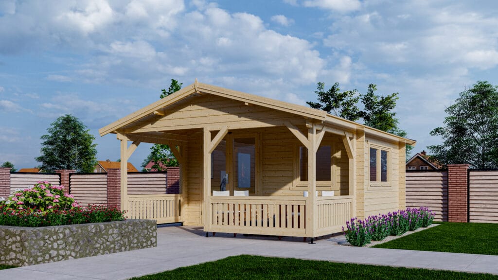 Blokhut 4x3+2 Interflex 440x550x265cm met Veranda 200 cm Wanddikte 50 mm
