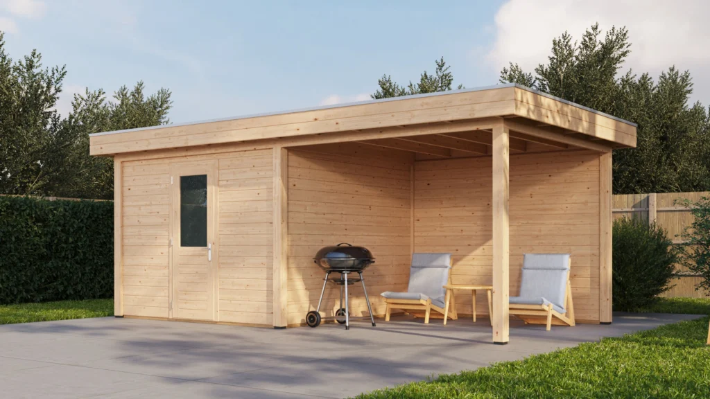 Modern Tuinhuis met Veranda Nunspeet 300x300 cm + 300 cm – Platdak – 28 mm – Onbehandeld – Exclusief EPDM