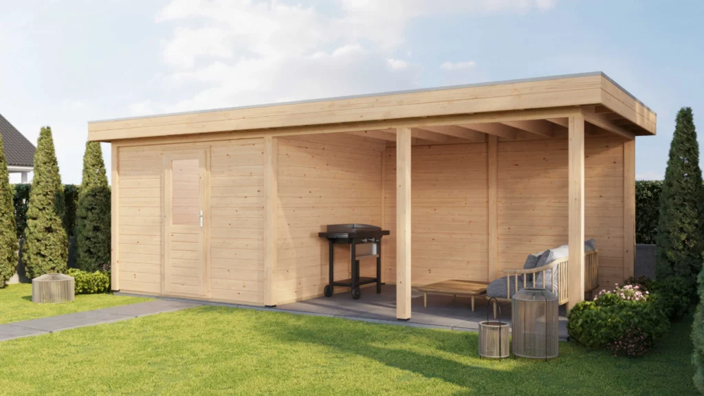 Modern Tuinhuis met Veranda Lelystad 300x300 cm + 400 cm – Platdak – 28 mm – Onbehandeld – Exclusief EPDM