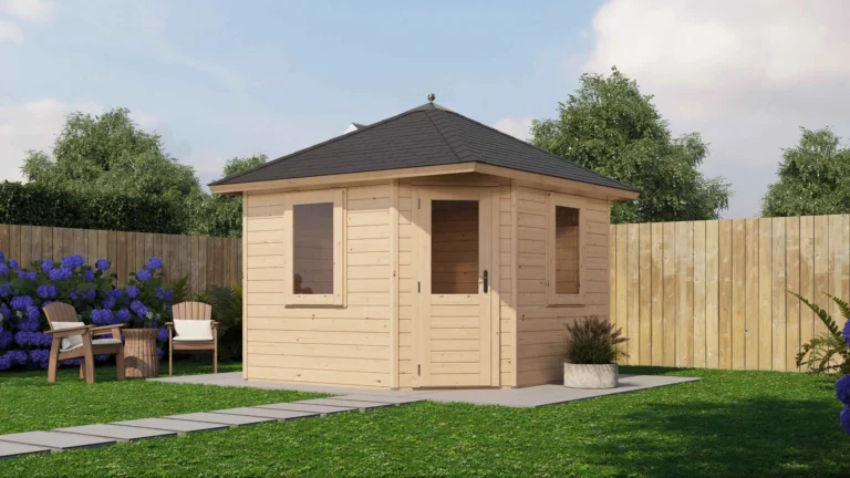 Prima Tuinhuis Nieuwegein 300x300 cm – Piramidedak – 44 mm – Onbehandeld – Exclusief SHINGLES