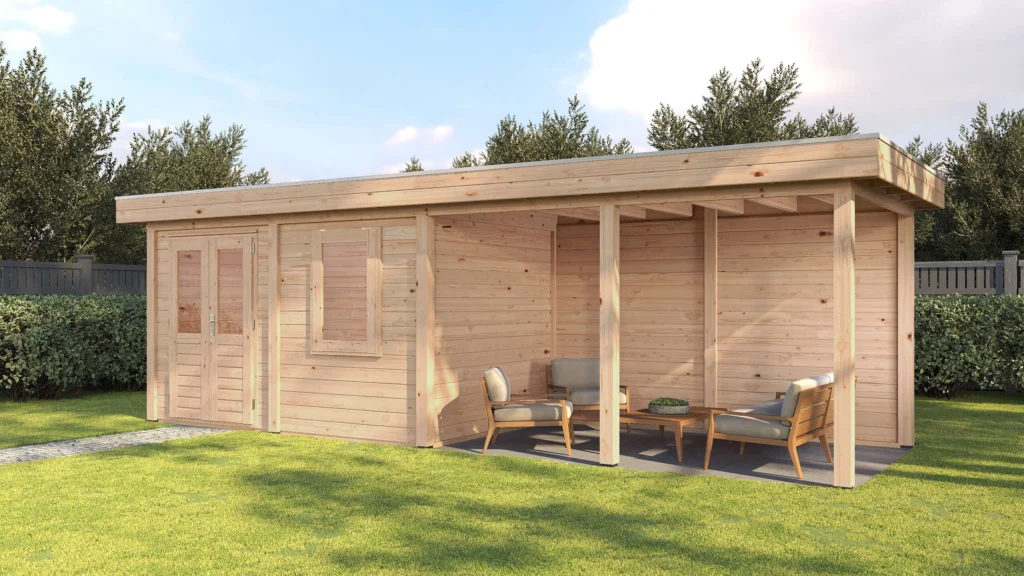 Modern Tuinhuis met Veranda Dronten 388x250 cm + 400 cm – Platdak – 28 mm – Onbehandeld – Exclusief EPDM