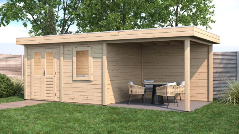 Modern Tuinhuis met Veranda Emmen 388x300 cm + 300 cm – Platdak – 28 mm – Onbehandeld – Exclusief EPDM