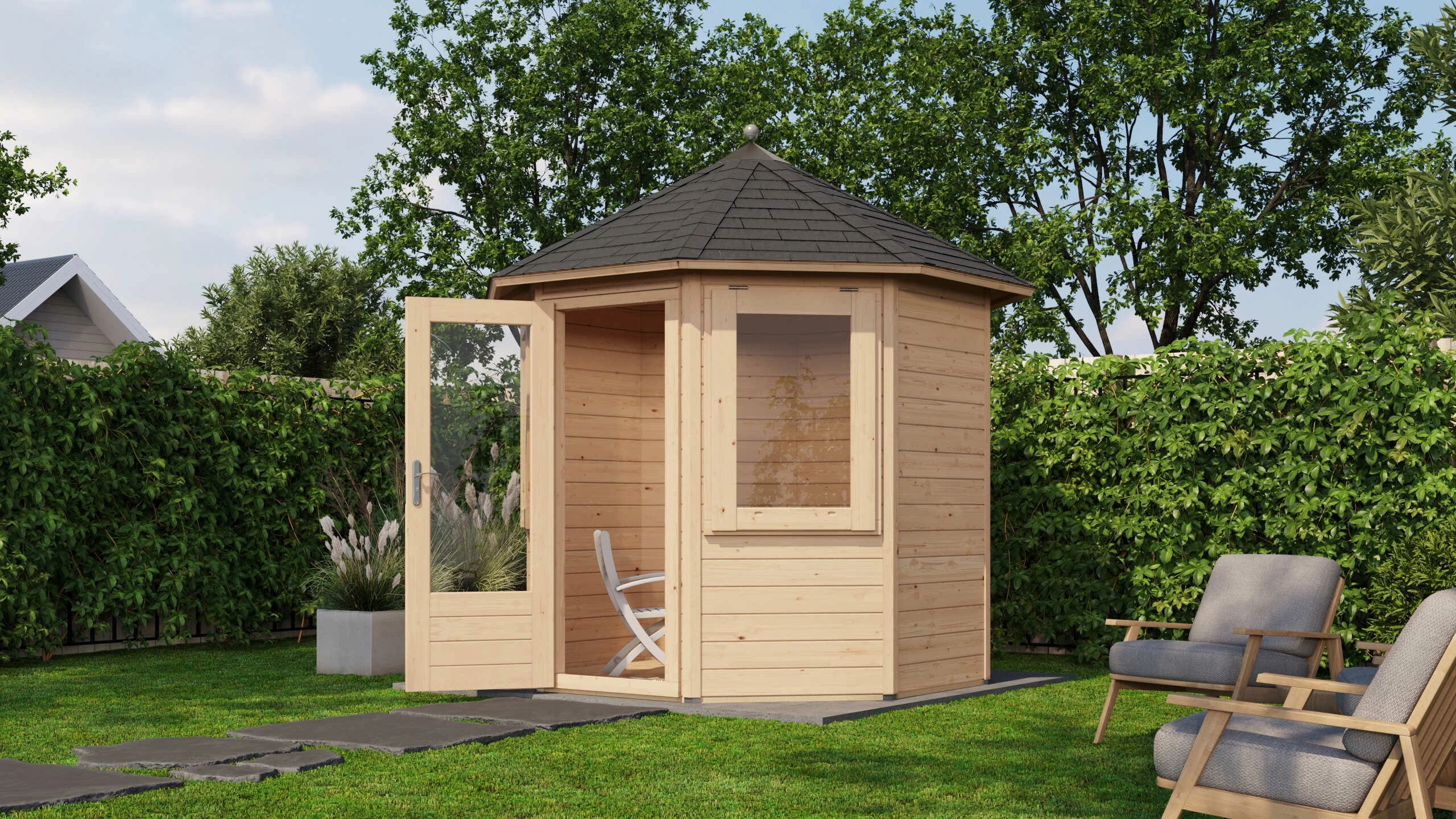 Prima Tuinhuis Venlo Ø250 cm – Achtkant – 28 mm – Onbehandeld – Inclusief SHINGLES Prima Tuinhuis Venlo Ø250 cm – Achtkant – 28 mm – Onbehandeld – Inclusief SHINGLES