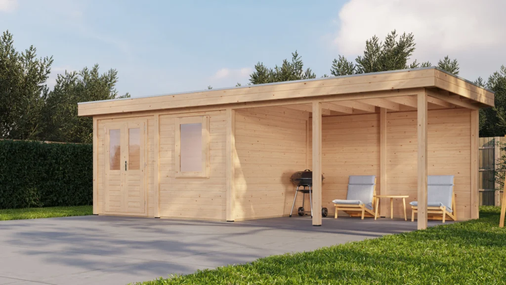 Modern Tuinhuis met Veranda Zutphen 388x300 cm + 400 cm – Platdak – 28 mm – Onbehandeld – Exclusief EPDM