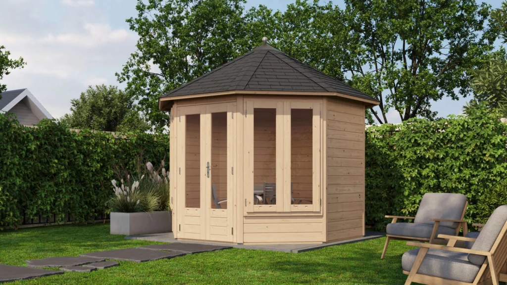 Prima Tuinhuis Hellevoetsluis Ø300 cm – Achtkant – 28 mm – Onbehandeld – Inclusief SHINGLES