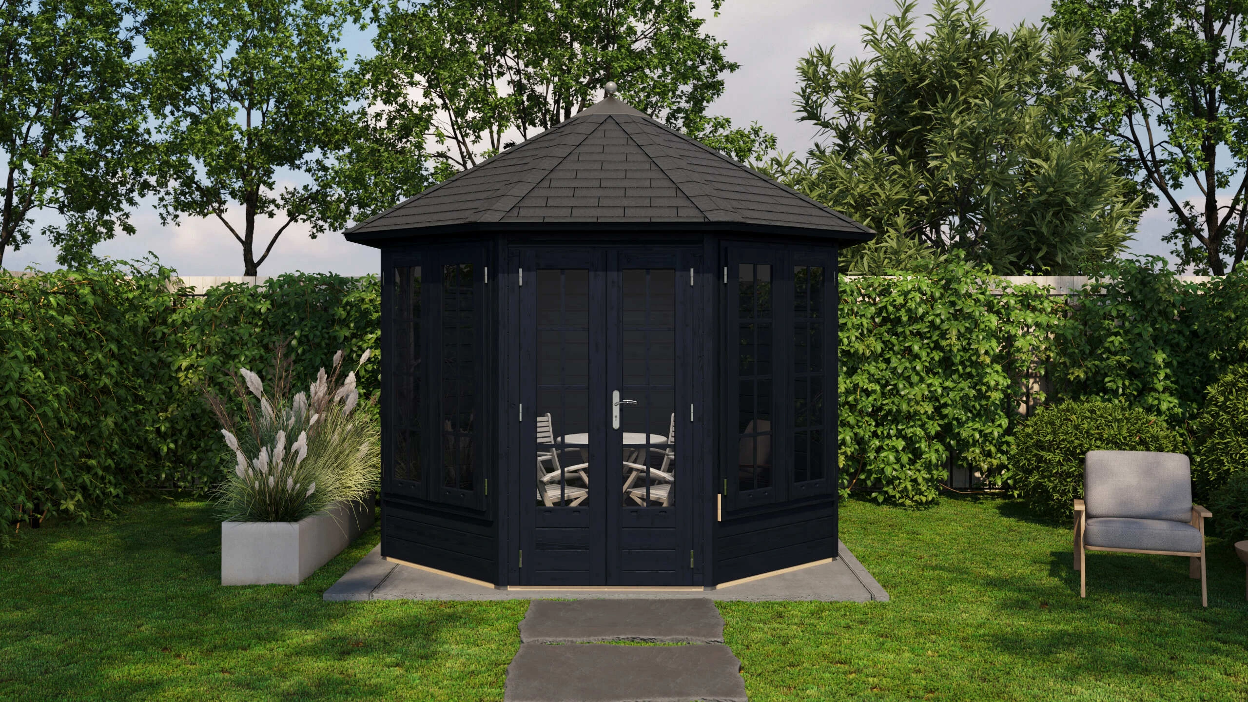 21_SPO28300W2201_Grey_06 Prima Tuinhuis Drachten Ø300 cm – Achtkant – 28 mm – Onbehandeld – Inclusief SHINGLES - Afbeelding 7