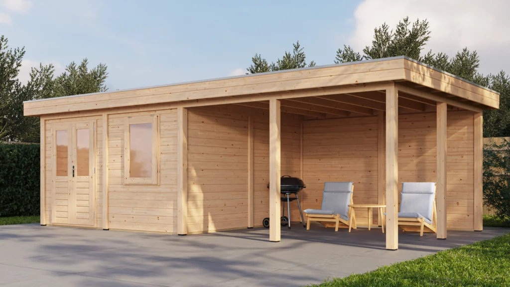 Modern Tuinhuis met Veranda Amstelveen 388x388 cm + 400 cm – Platdak – 28 mm – Onbehandeld – Exclusief EPDM