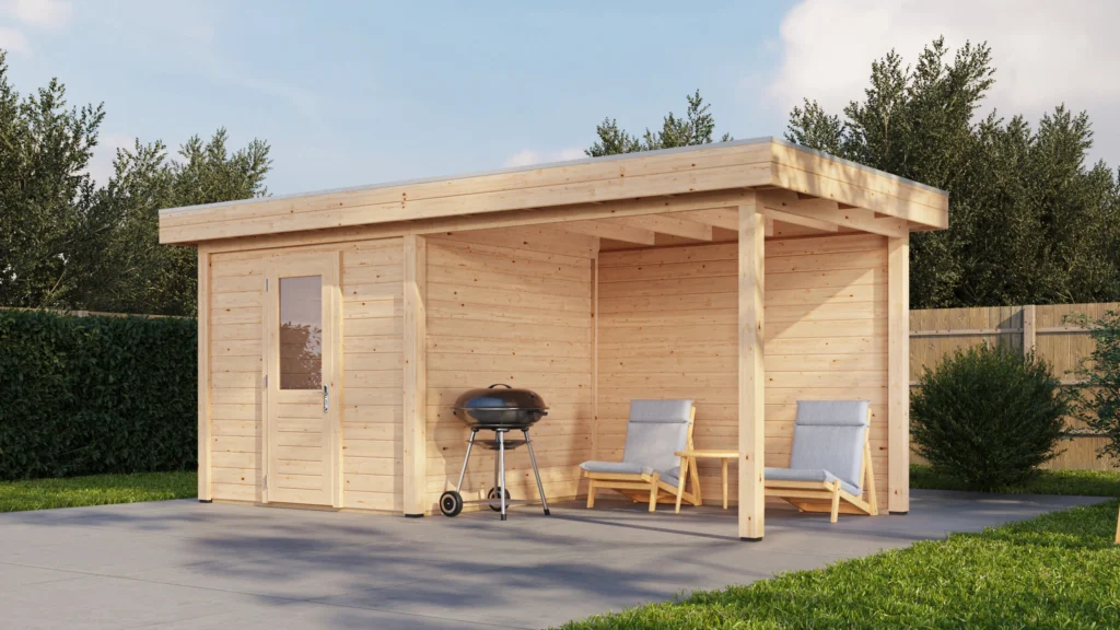 Modern Tuinhuis met Veranda Vught 250x250 cm + 300 cm – Platdak – 28 mm – Onbehandeld – Exclusief EPDM