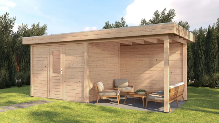 Modern Tuinhuis met Veranda Tilburg 300x250 cm + 300 cm – Platdak – 28 mm – Onbehandeld – Exclusief EPDM