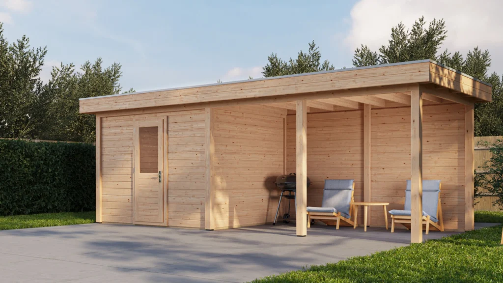 Modern Tuinhuis met Veranda Apeldoorn 300x250 cm + 400 cm – Platdak – 28 mm – Onbehandeld – Exclusief EPDM