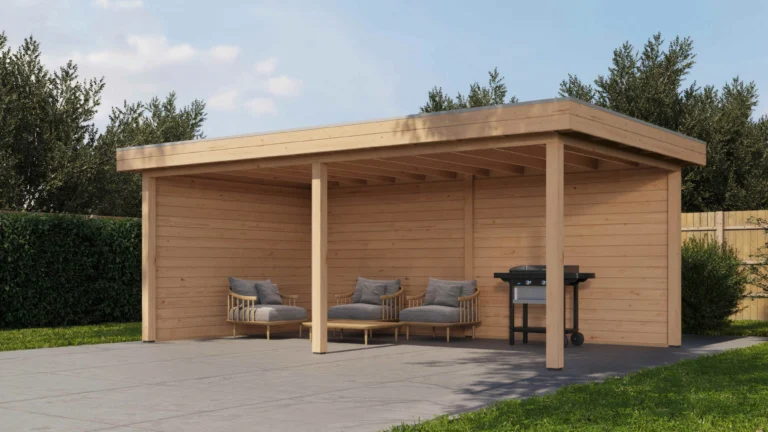 Veranda Vlissingen 588x350 cm – Platdak – 28 mm – Onbehandeld – Exclusief EPDM