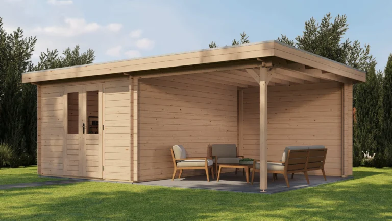 Blokhut met overkapping Tiel 300×400 cm + 300 cm – Onbehandeld