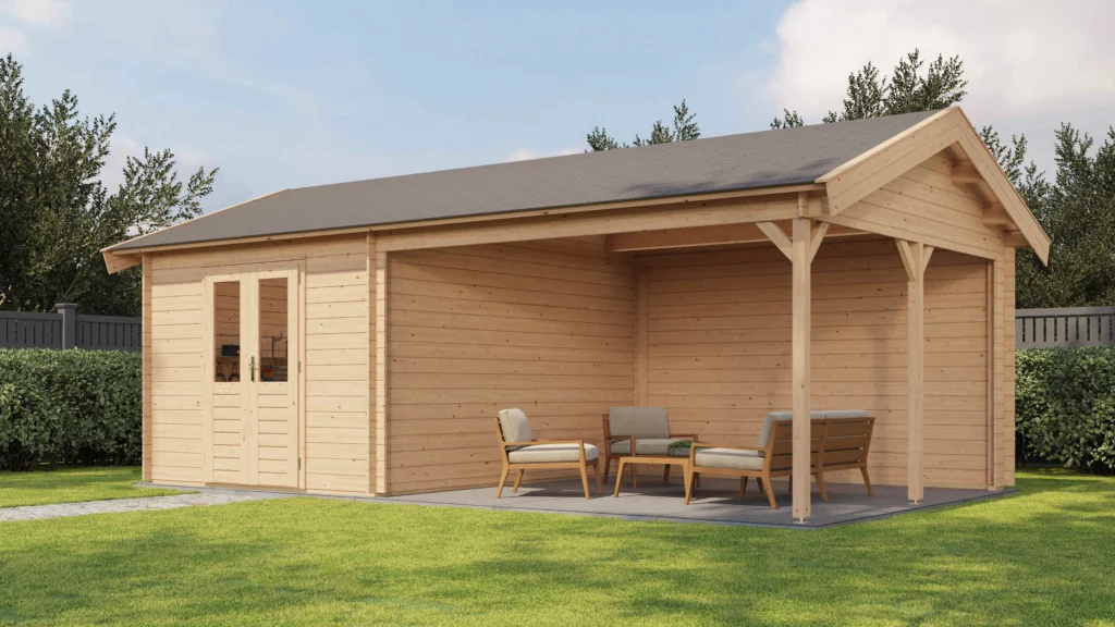 Blokhut met Overkapping Haaksbergen 300×400 cm + 400 cm – Onbehandeld